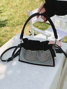 Japanese & Korean Style Niche Design Ins Diamond Shoulder Bag Crossbody Versatile Fashion Handbag Drawstring Fully Rhinestone Commute Outing Daily Shopping Women's Shoulder Bag - Black - View 7