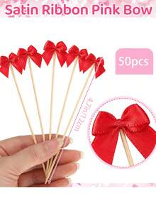 50pcs Pink/Red Bow Cocktail Pick Appetizer Ribbon Bow Toothpick Ribbon Decorations For Fruit Dessert, Drink Stirrers For Wedding Party Shower, Ballerina Sandwich Skewers Bul - Bow - View 12
