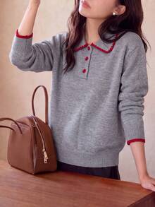 Women's Autumn/Winter Colorblock Design Minimalist Lapel Pullover Sweater - Grey - View 1