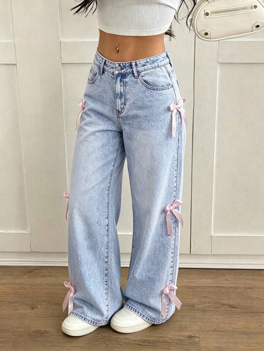 Women's Cute Y2K Denim Straight Leg Jeans With Pink Bow Details Long Length Casual Party Style - 淺藍色 - 查看 1