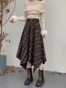 Elegant Women's Mid-Length Asymmetric Plaid Skirt, Woven Non-Stretch Fabric, Creating Fashionable Autumn Outfit - Coffee Brown - View 5