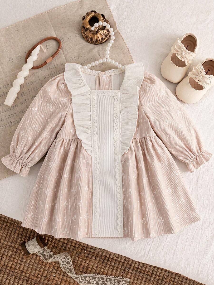 Infant Girl Casual Floral Print Long Sleeve Dress, Spring/Autumn - Apricot - View 1