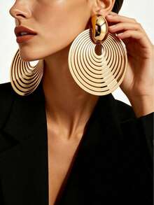 1 Pair Oversized Round Multi-Layer Concentric Hollow Long Drop Earrings For Women, Exaggerated Heavy-Duty Geometric Design For Party And Vacation - Gold - View 2