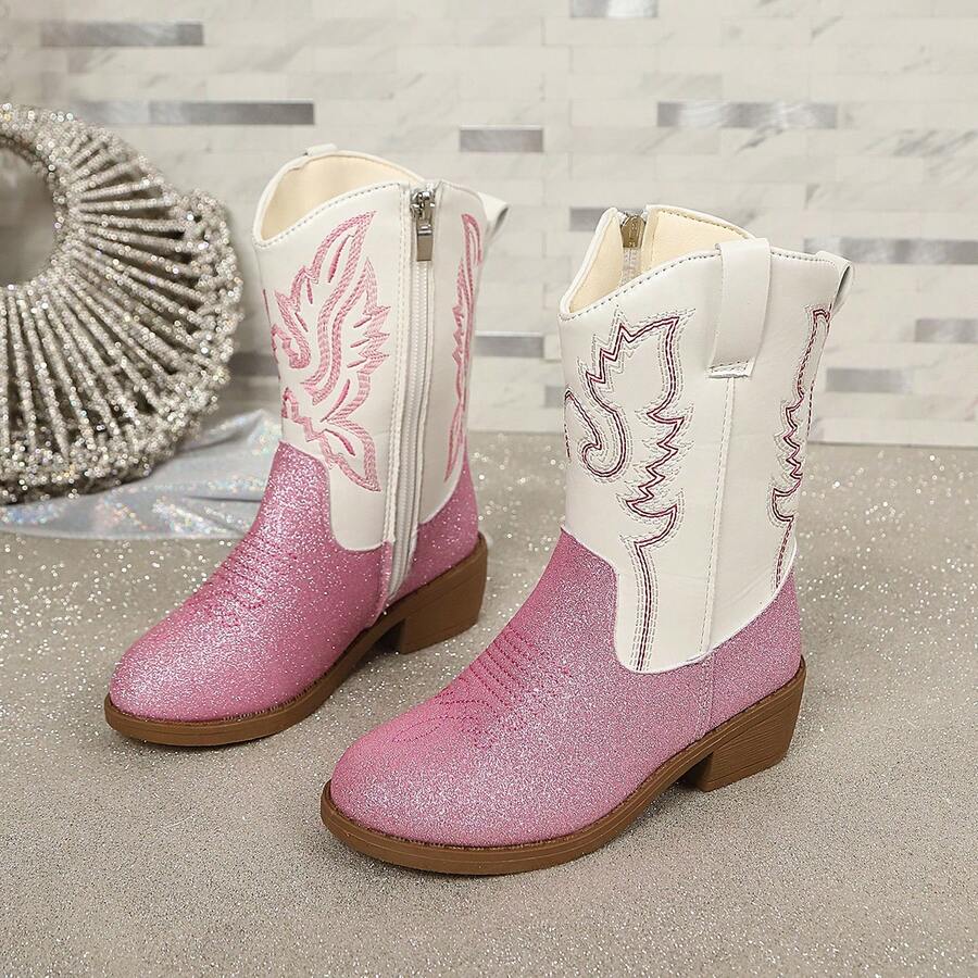 Girls' Glitter Embroidered Patchwork Western Cowboy Boots - Pink - View 1