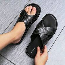 Men's Crocodile Embossed Cross Strap Sandals, Fashion Open Toe Faux Leather Slippers, Non-Slip Soft Sole Casual Outdoor Beach Summer Walking Roman Slides - Black - View 5