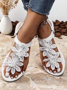 Fairy Style Asymmetrical Floral 3D Lace Toe Sandals, Comfortable Soft Sole Non-Slip Flat Beach Vacation Women's Sandals - White - View 5