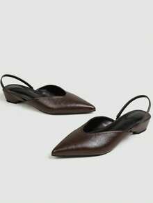 Women's Chocolate Brown Pleated Faux Leather Slingback Pumps, V-Cut Pointed Toe Open Back High Heels, Elegant Commute Formal Shoes - Brown - View 5