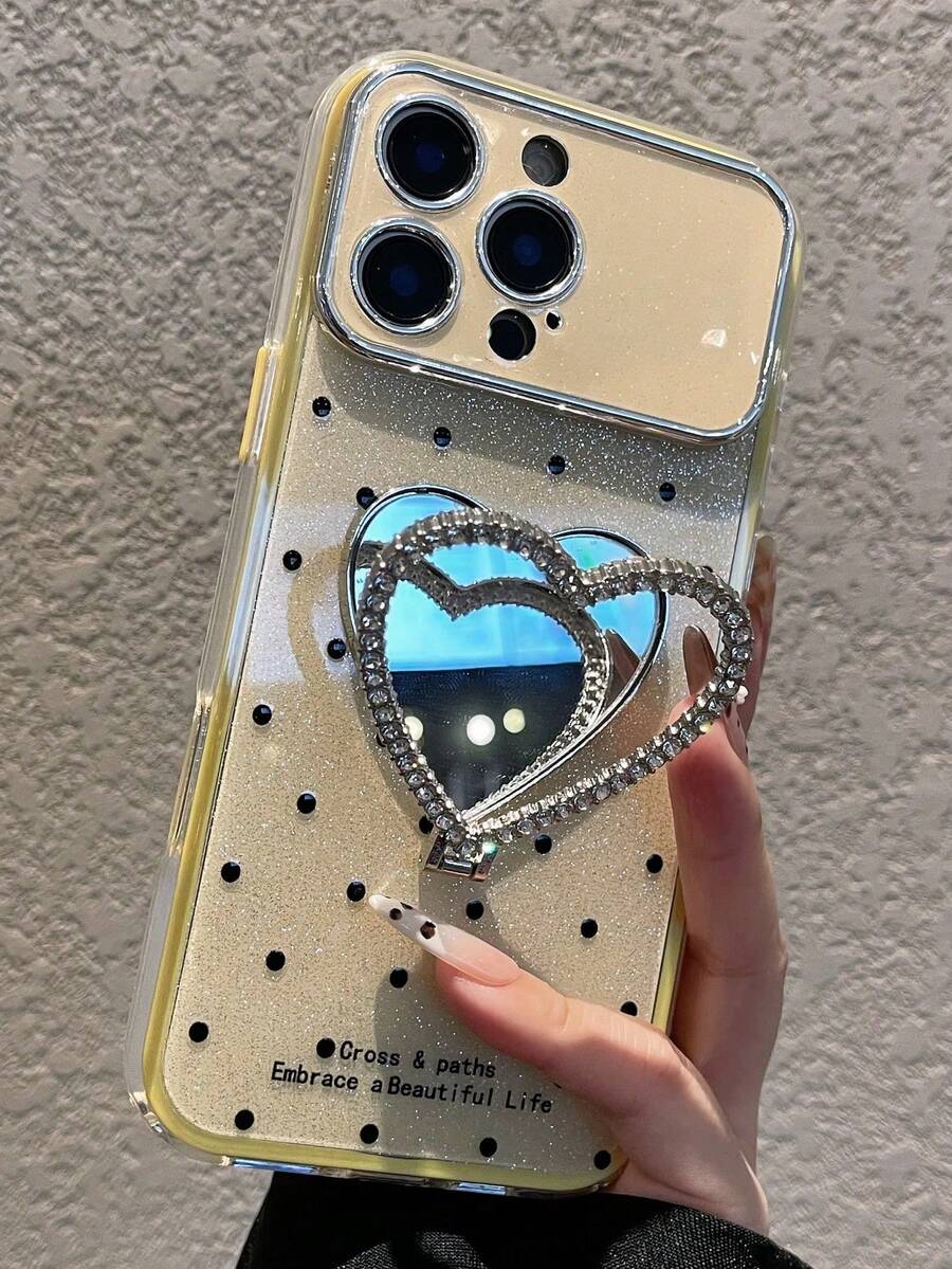 2件裝奢華閃亮波點亮片水鑽愛心鏡面支架防震手機殼，相容 iPhone 17Pro Max 17Pro 17 17Air 16Pro Max 16Pro 16PLUS 15Pro Max 15Pro 14Pro 14Pro Max 16 15 14 13 12 11，鏡頭保護後殼