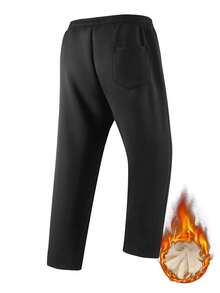 Men's Velvet Lined Straight Leg Sweatpants, Elastic Drawstring Waist With Zipper Pockets, Winter Warm Casual Pants - Black - View 4