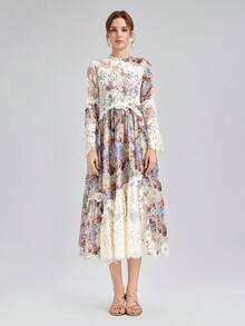 Rich Radi Q's 花卉印花優雅蕾絲拼接洋裝，適合晚宴約會、婚禮、度假，四季皆宜 - 杏色 - 查看 9