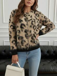 Women's Plush Leopard Print Cardigan, Autumn Long Sleeve Knit Button Sweater - Multicolor - View 4