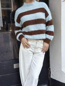Women Fall Winter Sweater New Style -Basic Tops - CasualFashion Versatile -Colorful StripedContrast CollarLoose Long SleeveKnit Top - Going Out Tops - Multicolor - View 7