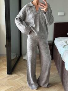 FOR BEAUTY Fall Winter Women Lounge Sets Y2K Cozy Grey Cable Knit Two Pieces Set Lapel Collar Sweaters Loose Wide Leg Pants Vacation Outfits - Light Grey - View 5