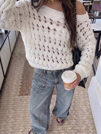 Just Masa Women's Fall Casual Hollow Out Asymmetrical Neck Single Shoulder Knitwear Pullover,Loose Long Sleeve Sweater,For Going Out,Daily,Vacation