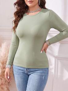 Plus Size Seamless Long Sleeve Crew Neck Tee, Smooth Plain Basic Layer Top, Everyday Casual Stretch Undershirt - Mint Green - View 2