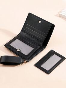 Vintage Litchi Textured Minimalist Women's Wallet, Premium Elegant Bifold Card Holder With Multiple Card Slots, Zipper Short Coin Purse With Letter Design - Black - View 6