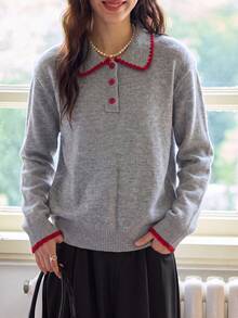 Women's Autumn/Winter Colorblock Design Minimalist Lapel Pullover Sweater - Grey - View 3