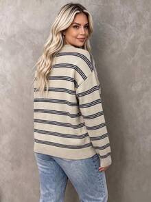 Sweater Rajut Bergaris Ukuran Besar untuk Wanita, Atasan Lengan Panjang Nyaman dengan Leher Bulat dan Bahu Longgar untuk Musim Gugur dan Musim Dingin - Aprikot - View 7