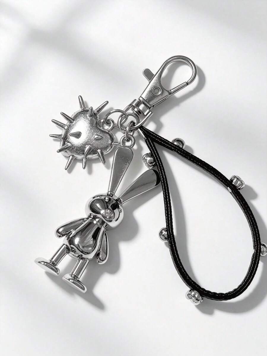 1pc Silver Alloy Rabbit Rivet Heart Bag Charm, Y2K Gothic Punk Style Keychain, Car Key Decoration Backpack Fashion Pendant, Women's Gift - Multicolor - View 1