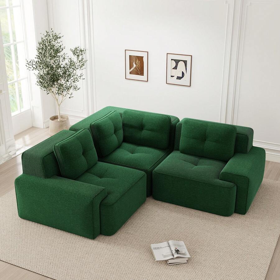 Sofa Green Made Of Corduroy For Living Room And Lounge - Green 3 Seat - 查看 1