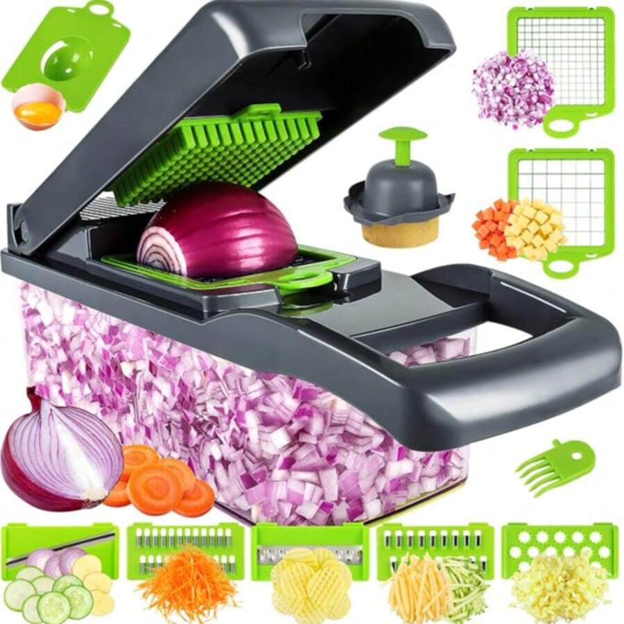 16-In-1 Multifunction Vegetable Chopper - Manual Slicer, Julienne Peeler, Dicing Tool With Drip Tray; Suitable For Fruit And Vegetables. Multicolored Household Kitchen Tool That Makes It Easy To Slice, Kitchen Essential, Summer - Green - View 1