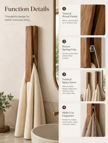 1pc Large Wooden Towel Clip Rack, Minimalist Wall-Mounted Towel Holder, Rustic Wooden Design, Space-Saving Bathroom Kitchen Laundry Storage Rack, Suitable For Modern Home Decor - Multicolor - View 4