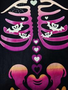 1pc Girls Toddler Casual Halloween Dress, Pink Purple Skull Little Ghost Heart Bat Spider Web Print, Soft Comfortable Knit Fabric, Suitable For Outdoor Wear, Autumn/Winter - Black - View 8