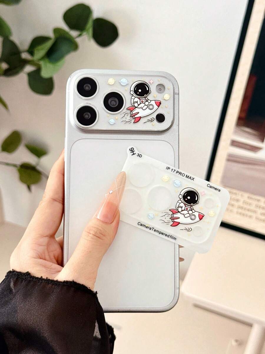 1pc Cute Astronaut Rocket Cartoon Print Full Coverage 9H Hardness Camera Lens Protector, Compatible With IPhone 18promax/18Pro/17promax/17pro, Space Planet Pattern, Anti-Oil, Anti-Drop, Anti-Explosion, Bubble-Free, Auto-Adsorption, Easy Installation Protective Film