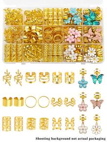 206pcs Floral Fantasy Hair Rings With White Heart, Pearls, Daisy, Pink Butterfly And Camellia Multi-Shape Adjustable Jewelry For Braid - Gold - View 2