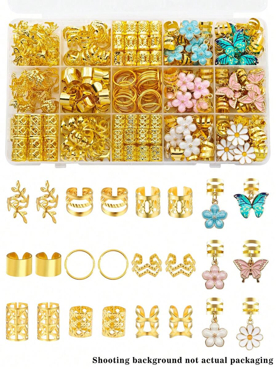 206pcs Floral Fantasy Hair Rings With White Heart, Pearls, Daisy, Pink Butterfly And Camellia Multi-Shape Adjustable Jewelry For Braid