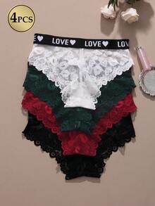 4pcs/Pack Women's Fashion Lace Solid Color Panties - Soft Comfortable Elastic Panties, Semi-Sheer Breathable Women's Underwear - Multicolor - View 1