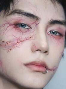 Miếng dán xăm tạm thời Halloween họa tiết mặt vết nứt tĩnh mạch máu chân thực, 2 tờ/bộ, thiết kế nghệ thuật cơ thể phong cách Gothic, sticker trang trí cosplay Halloween dễ dán và dễ gỡ - Hồng - Xem 10