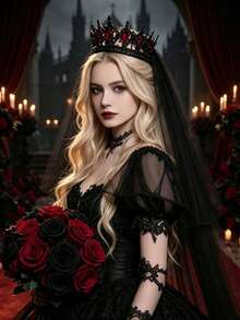2pcs/Set Gothic Style Black Crown & Veil Wedding Accessory Set, Black Queen Vintage Style, Suitable For Halloween Gothic Costume, Can Be Used As Black Wedding Dress Photography Accessory - Multicolor - View 7