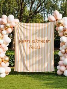 Customizable Name Striped Happy Birthday Backdrop, Personalized Bohemian Style Birthday Wall Decor, Indoor/Outdoor Use, Birthday Party Cake Smash Background Decoration Photography Banner, Polyester Material - D - View 3