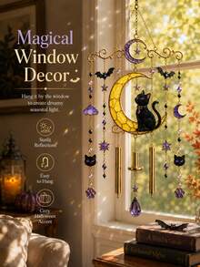 1pc Gothic Halloween Sun Catcher, Black Cat Moon Crystal Window Hanging Decor With Bat And Star Beads, Sunlight Prism Light Capture Decoration, Suitable For Bedroom Window, Witch Style Home Decor - A - View 5