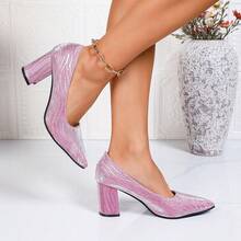 Women's Shiny Textured Pointed Toe Low Vamp Chunky Heel Slimming High Heel Pumps For Dating, Party, Versatile Formal Occasions - Purple - View 2
