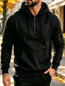Sweatshirt Kargo Pria dengan Resleting Setengah, Banyak Saku, Manset Resleting, Tali Serut, Berkerudung, Lengan Panjang, Atasan Kasual untuk Aktivitas Luar Ruangan - Hitam - View 6