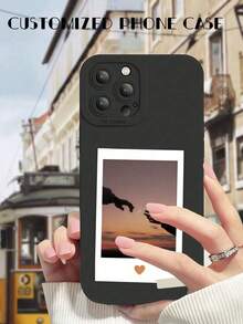1 pieza Funda de teléfono personalizada de TPU suave a prueba de golpes con diseño de marco de foto personalizado, compatible con Apple, adecuada para mujeres - Negro - Ver 5