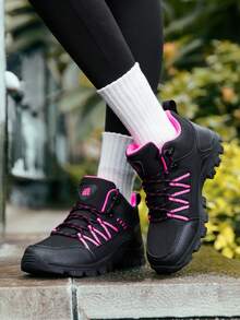 1 Pasang Sepatu Bot Hiking Mid-Top Bertali Bahan TPR (Karet Termoplastik) Motif Paisley Blok Warna Patchwork untuk Olahraga Luar Ruangan, Cocok untuk Semua Musim - Mawar Hitam Merah - View 3