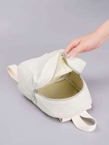 1pc Mini Cute Solid Color Corduroy Backpack, Suitable For Girls, Travel, Vacation, Holiday Gift - 米色 - 查看 6