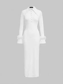 Elegant Daily Date Commute Slim Fit Long Sleeve Knit Dress, Winter Dress - White - View 1