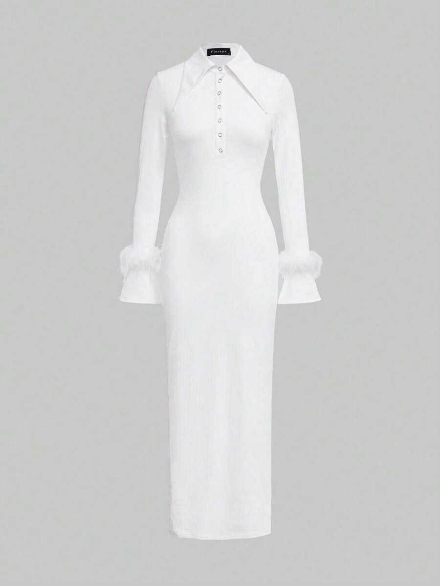 Elegant Daily Date Commute Slim Fit Long Sleeve Knit Dress, Winter Dress - White - View 1