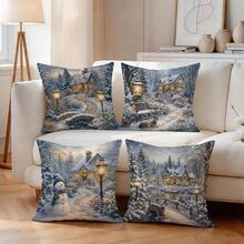 4 Stücke/1 Stück Winterliche Schneehütten-Muster Kissenbezug ohne Füllung, einseitig bedruckter Kissenbezug, geeignet für Wohnzimmer, Schlafzimmer, Heimdekoration, ganzjährig verwendbarer Kissenbezug - Verschiedenfarbig - Übersicht 7