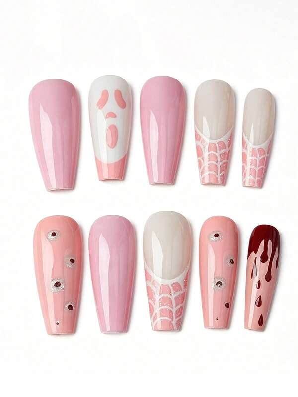 10Pcs Coffin Press On Nails, Pink‑White Ghost Face Spider Web Blood Drop Design, Sweet Spooky Handmade Nail Tips For Halloween Party & Photoshoot