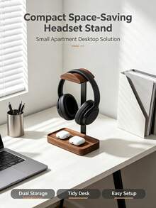 Minimalist Wooden Headphone Stand, Dual Storage Desktop Headphone Organizer, Suitable For Earbuds And Headphones, Minimalist Home Office Decor Desktop Rack - Brown - View 10