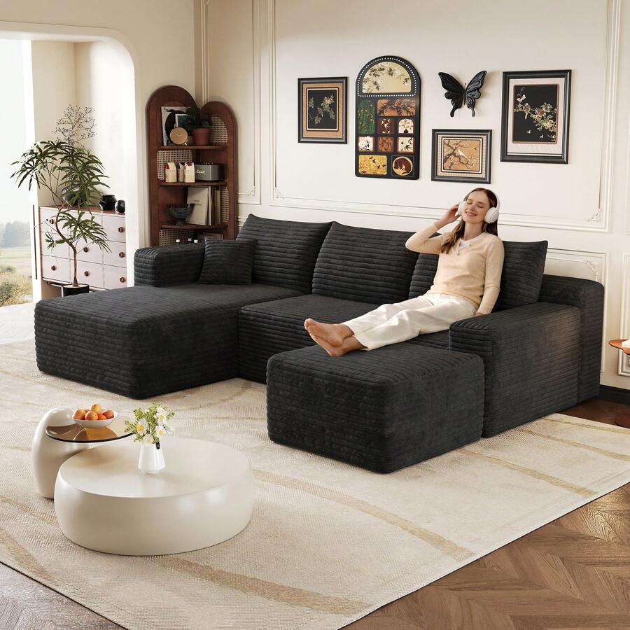 L Shape Sofa Black Fabric 241cm For Living Room And Lounge - 黑色四座 - 查看 1