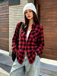 Women's Red Black Plaid Collared Long Sleeve Button Front Shirt Casual Home Office Work Daily Vintage Top Spring Summer Fall Winter - Red and Black - View 15