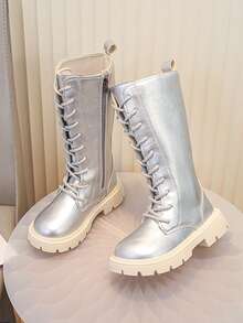Girls' Shiny Silver Lace-Up High-Top Boots, Fashionable Thick Sole Long Boots, Suitable For Daily And Party Wear - Silver - View 1