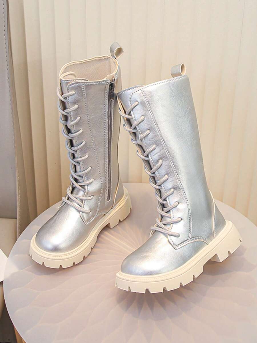 Girls' Shiny Silver Lace-Up High-Top Boots, Fashionable Thick Sole Long Boots, Suitable For Daily And Party Wear - Silver - View 1