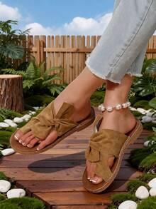 Rainbow Bow Tie Women's Flat Sandals, Comfortable Massage Sole Colorful Beach Slippers,Summer Outfits - Earthy Yellow - View 5